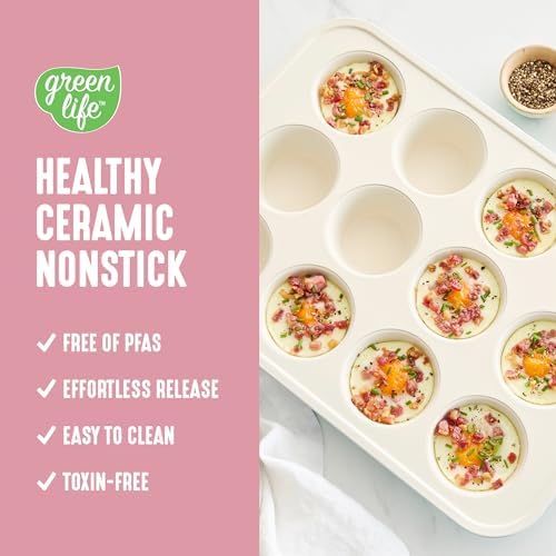 GreenLife 12-Cup Muffin Pan, Healthy Ceramic Nonstick Bakeware, PFOA & PFAS-Free Cupcake Sheet, Durable, Versatile Kitchen Essentials, Easy Clean Muffin Mold, Valentine’s Day gifting, Pink