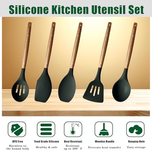 Non-Stick Silicone Cooking Utensils Set with Natural Acacia Hard Wood Handle, 5 Piece, High Heat Resistant (Green)