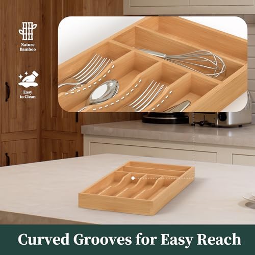 Silverware Organizer, Bamboo Kitchen Drawer Organizer, Utensil Holder, Cutlery Tray & Spoon Flatware Storage with Grooved Drawer Dividers (8.5''W x 15.5''D)
