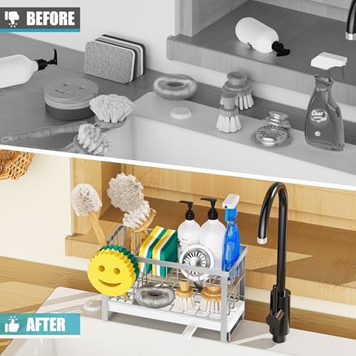 Sponge Holder for Kitchen Sink with Flexible Sink Caddy Smiley Face,2 Tier Kitchen Sink Organizer Countertop and Storage Essentials,Soap Dispenser Organize,Home Decor Accessories-Silver