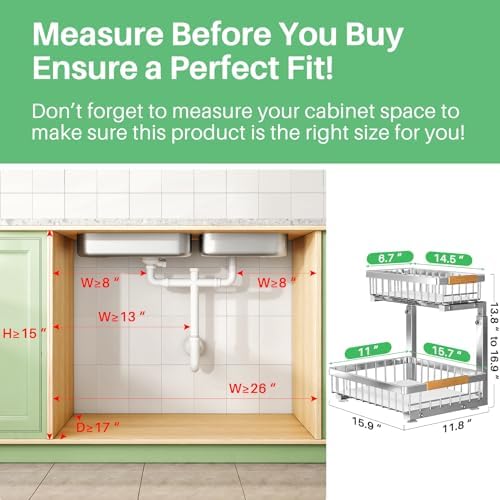 Kitstorack Under Sink Organizer, 2 Tier Under the Sink Storage, Slide out Pull out Cabinet Organizer Shelf, Metal Sliding Drawer for Kitchen Bathroom Pantry Closet Organization Rack, Silver, 1 Pack