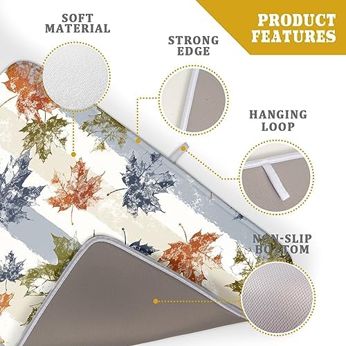 Autumn Colorful Maple Leaves Dish Drying Mat for Kitchen Counter,Blue and White Stripe Drying Mat 18 x 24 Inch with Absorbent Reversible Microfiber Dish Drying Pad Dish Rack Drainer Mat for Coffee Bar