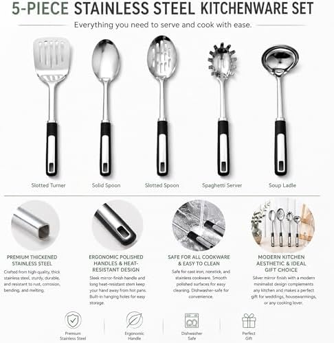 Stainless Steel Cooking Utensils Set with Ergonomic Handles.5-Piece