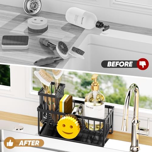 Sponge Holder for Kitchen Sink,Smiley Face Sink Caddy with Removable Brush Holder,Self-Draining Sponge Caddy for Sponge,Soap,Dish Brush,Scrubber,Kitchen Essentials and Gadgets