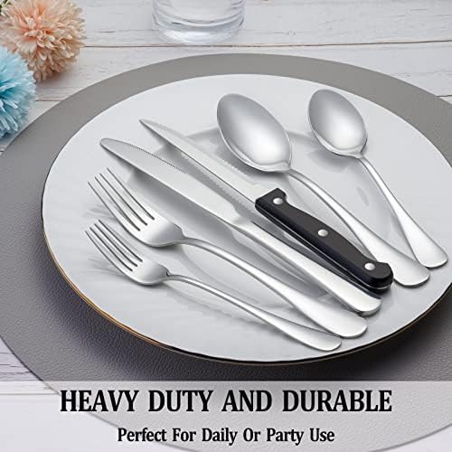 24 Pcs Silverware Set with Steak Knives for 4, Stainless Steel Flatware Set, Mirror Polished Cutlery Utensil Sets, Home Kitchen Eating Tableware, Dishwasher Safe