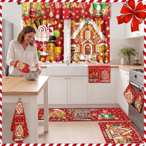 13 Pcs Gingerbread Man Kitchen Set, Towel Rug Valance Mitts