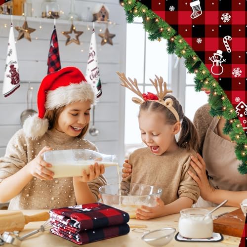 Pickmesh 12 Pcs Christmas Kitchen Towels and Oven Mitt Sets 4 Buffalo Oven Mitts 4 Snowman Dish Towels and 4 Plaid Pot Holders Xmas Tree Cooking Accessories for Winter Holiday Decoration Home Baking