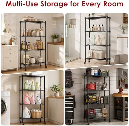 Simple Deluxe 4-Tier Heavy Duty Adjustable Storage Shelf with Wheels, 23.23”W x 17.63”D x 47.24”H, Wide Mobile Metal Shelving Unit, Easy Assembly for Living Room, Office,Black