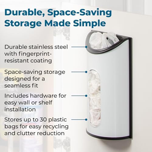 Honey-Can-Do Stainless Steel Plastic Bag Saver & Trash Bag Dispenser, Wall-Mounted Plastic Bag Organizer for Kitchen, Pantry, Garage, Durable Stainless Steel Storage for Grocery Bags and Space-Saving