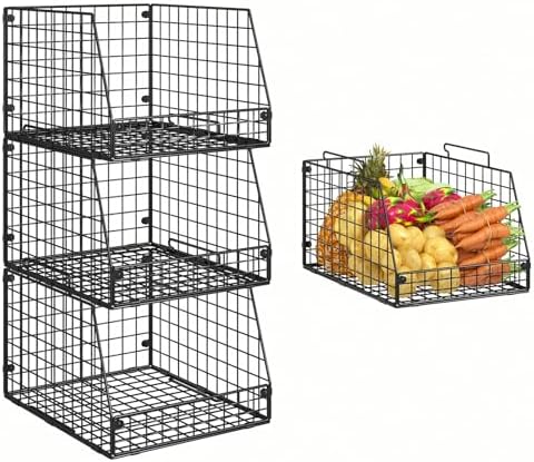 3 Pack XXL Stackable Wire Baskets, Large Storage Bins for Onion, Potato, Vegetable, Fruit, Snack, Pantry Baskets for Kitchen Cabinet Countertop, Pantry Organizers and Storage Solutions