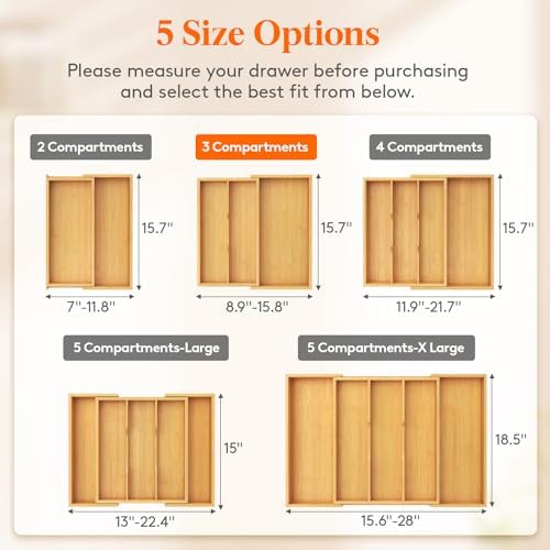 Lifewit Bamboo Utensil Organizer for Kitchen Drawer, Cooking Utensil Tray
