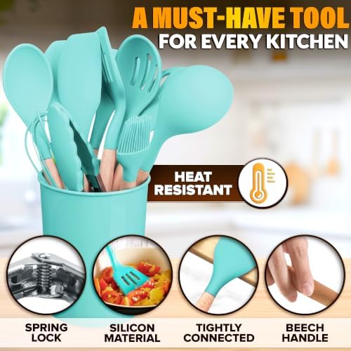 Teal Kitchen Utensils Set with Holder, 12 Pcs, Wooden Handle