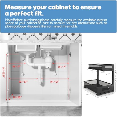 2 Pack 17IN Depth Under Sink Storage Organizer, Large 2-Tier Elegant Mesh Pull Out Shelf for Kitchen and Bathroom Cabinet Organization, L-Shaped and Adjustable Height Design-Black