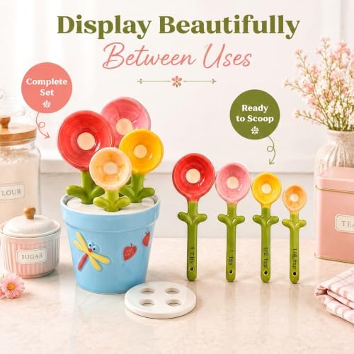 Cute Flower Ceramic Measuring Spoons Set with Base, Kitchen Decorate Gifts