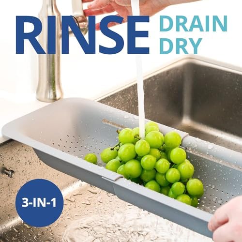 Blue Ginkgo Over Sink Colander, Extendable Kitchen Strainer, Grey