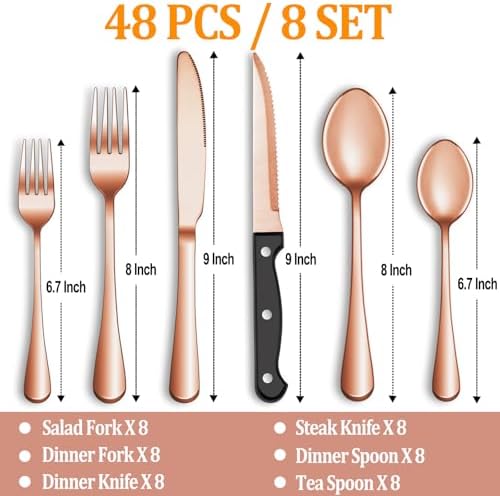 48 Pcs Rose Gold Silverware Set with Steak Knives, Stainless Steel Flatware Cutlery Set for 8, Kitchen Tableware Sets, Utensil Sets for Home and Restaurant, Dishwasher Safe