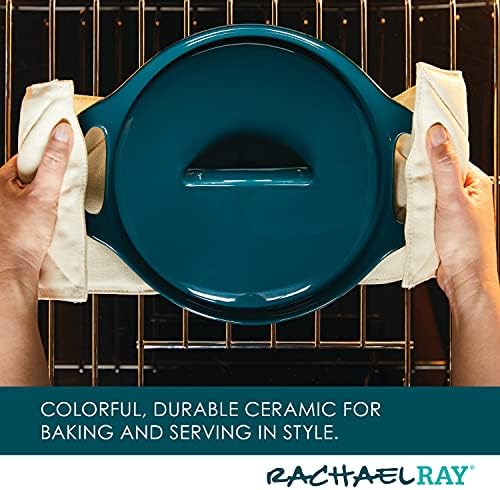 Rachael Ray Solid Glaze Ceramics Casserole Bakeware/Baker Set with Shared Lid, 3 Piece, Teal
