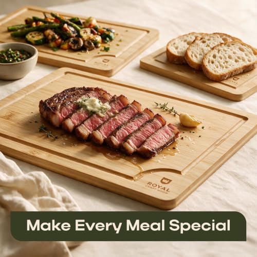 ROYAL CRAFT WOOD Wooden Cutting Boards for Kitchen Meal Prep & Serving - Bamboo Wood Serving Board Set with Deep Juice Groove Side Handles - Charcuterie & Chopping Butcher Block for Meat