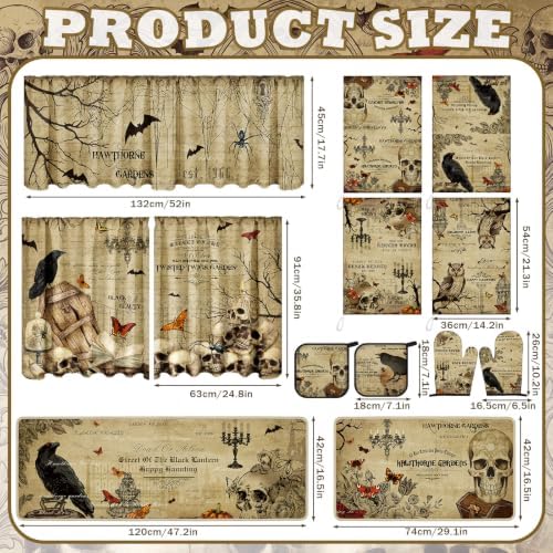 13 Pcs Vintage Gothic Halloween Kitchen Decor Set, Kitchen Rugs Curtain Set