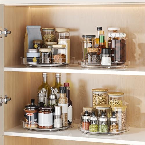 4 Pack Clear Lazy Susan, 9+10 Inch Turntable Organizer, Non-Skid Rotating Tray for Cabinet, Kitchen Pantry Organization and Storage, Acrylic Spinner for Refrigerator, Bathroom Vanity and Spice Rack