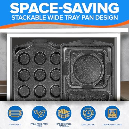 Emporio Kitchen Baking Pan Set - Nonstick Coating, Carbon Steel Bakeware Sets with Gray Silicone Handles, PFOA, PFOS, PTFE Free, Recipe Booklet Included, Oven Safe Tray (Up To 450° F), Set of 6 - Gray