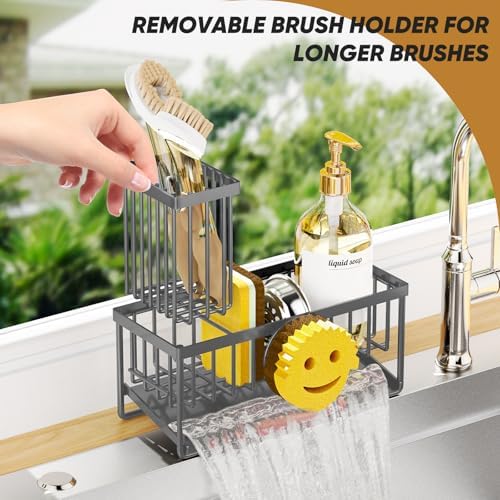 Sponge Holder for Kitchen Sink,Smiley Face Sink Caddy with Removable Brush Holder,Self-Draining Sponge Caddy for Soap,Dish Brush,Scrubber,Kitchen Essentials and Gadgets-Charcoal Gray