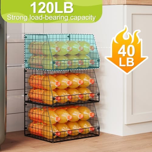 3 Pack XXL Stackable Wire Baskets, Large Storage Bins for Onion, Potato, Vegetable, Fruit, Snack, Pantry Baskets for Kitchen Cabinet Countertop, Pantry Organizers and Storage Solutions