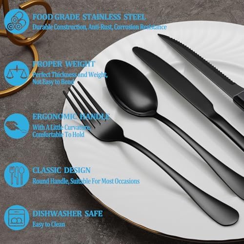 72 Pcs Black Silverware Set with Steak Knives, Stainless Steel Flatware Cutlery Set for 12, Kitchen Tableware Sets, Utensil Sets for Home and Restaurant, Dishwasher Safe