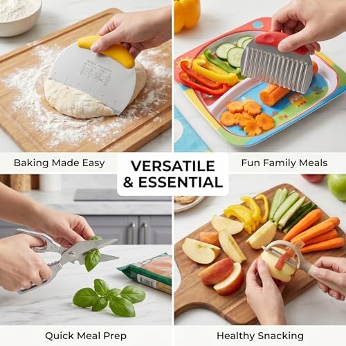 6-Piece Kitchen Utensil Set - Includes Cabbage Shredder, Crinkle Cutter, Dough Scraper, 2 Peelers, and Stainless Steel Kitchen Shears - Ideal Food Prep & Baking Tools (6 PCS-B)