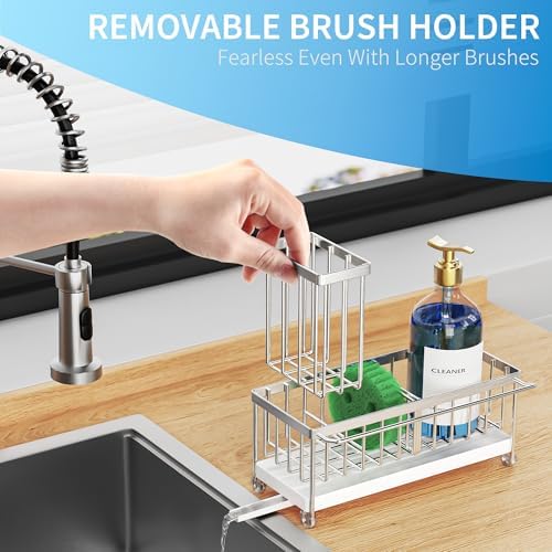 Cisily Sponge Holder for Kitchen Sink, Sink Caddy Organizer with High Brush Holder, Kitchen Countertop Organizers and Storage Essentials, Rustproof 304 Stainless Steel (Silver with Towel Rack, 9.25″)