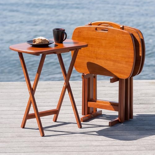 Winsome Lucca Set of 4 Foldable Snack Tables with Storage Rack, Teak
