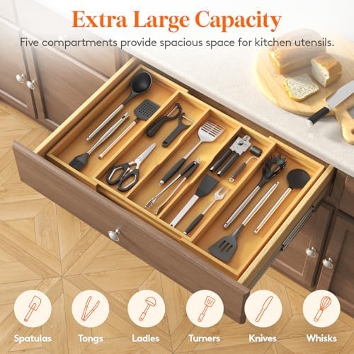 Lifewit Bamboo Utensil Organizer for Kitchen Drawer, Cooking Utensil Tray
