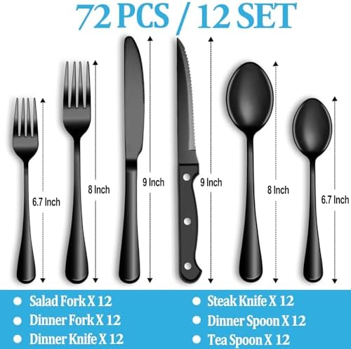 72 Pcs Black Silverware Set with Steak Knives, Stainless Steel Flatware Cutlery Set for 12, Kitchen Tableware Sets, Utensil Sets for Home and Restaurant, Dishwasher Safe