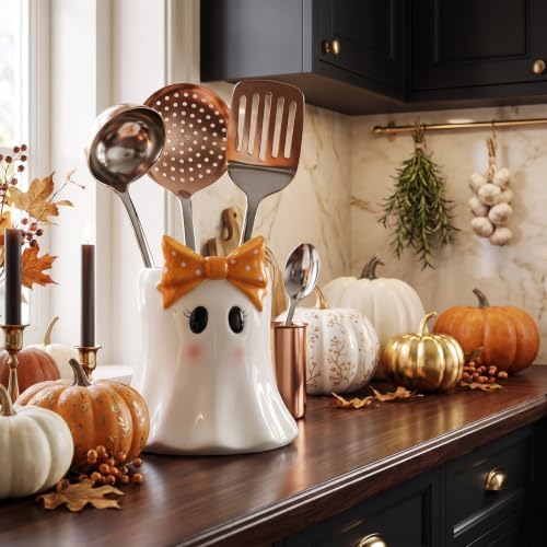 Yungyan Ceramic Bow Ghost Utensil Holder for Kitchen Halloween Accessories
