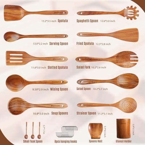 Mooues Wooden Kitchen Utensil Set, 15 Piece Natural Teak with Spoon Rest