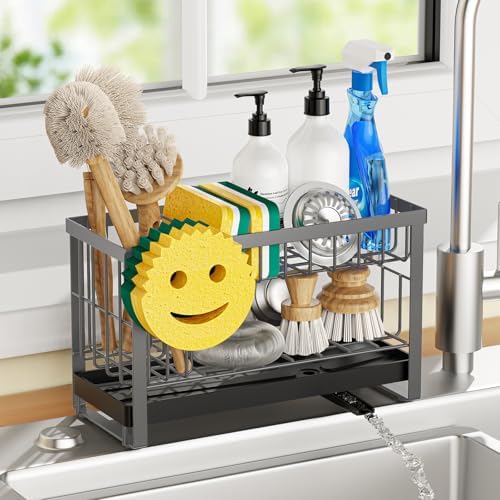 Sponge Holder for Kitchen Sink with Flexible Smiley Face, 2 Tier Kitchen Sink Organizer, Countertop and Storage Essentials, Soap Dispenser Organizer, Home Decor Accessories - Gray