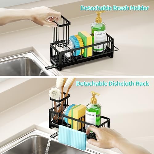 HapiRm Sponge Holder for Kitchen Sink - Self-draining Sink Caddy with Brush and Dishcloth Holders, Stainless Steel Kitchen Countertop Organizers and Storage Essentials - Black