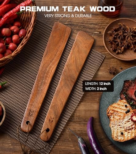 12" Teak Wooden Spatula for Cooking, 2Pcs Wood Turner Scraper for Cast Iron