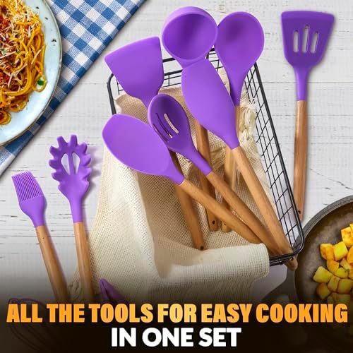 12 Pcs Purple Kitchen Accessories with Holder for Nonstick Cookware