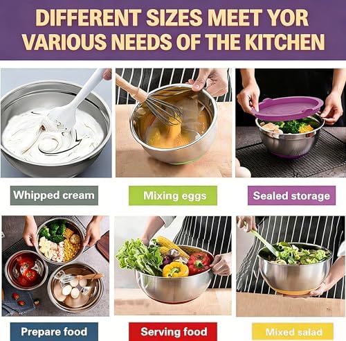 Umite Chef Thickened Heavy-Duty 26pcs Stainless Steel Bowl, Mixing Bowl Set with Lid, Grater Attachment, Colorful Non-Slip Bottom and Kitchen Gadget Set, Sizes 7, 4, 2.5, 2.0, 1.5, 1QT