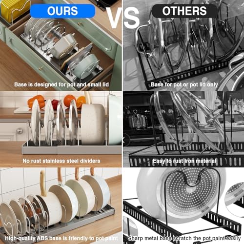 Mustorn 2 Pack Pots and Pans Organizer Under Cabinet, 22" Expandable Food Storage Container Lid Organizers with 9 Adjustable Dividers Pot and Pan Lid Holders Rack Inside Cabinet/Countertop(Gray)