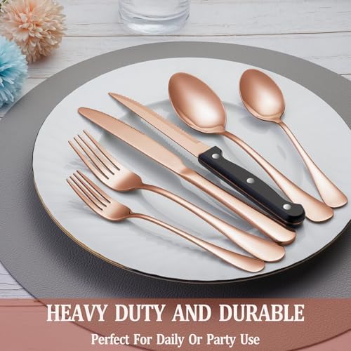 72 Pcs Rose Gold Silverware Set with Steak Knives, Stainless Steel Flatware Cutlery Set for 12, Kitchen Tableware Sets, Utensil Sets for Home and Restaurant, Dishwasher Safe