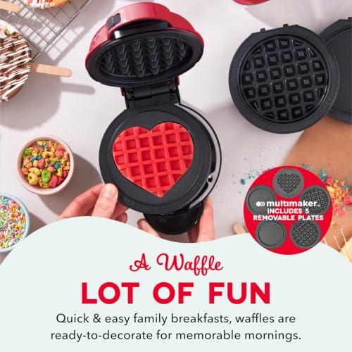 Dash MultiMaker Mini Waffle Maker, Removable Waffle & Griddle Plates, Red