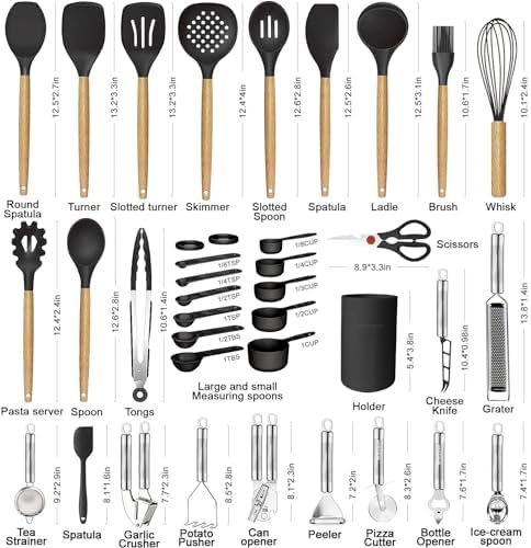 Cooking Utensils Set- 35 PCs Kitchen Utensils with Grater,Tongs, Spoon Spatula &Turner Made of Heat Resistant Food Grade Silicone and Wooden Handles Kitchen Gadgets Tools Set for Nonstick Cookware
