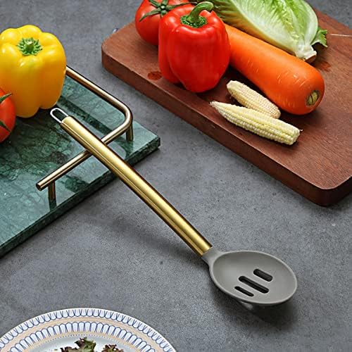 Berglander Non-stick Silicone Slotted Spoon, Titanium Gold Plated Handle, Basting Spoon, Dishwasher Safe, Easy to Clean