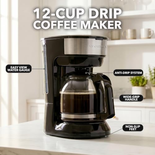 OVENTE 12-Cup Drip Coffee Maker with Easy On/Off Switch, Black CM412B