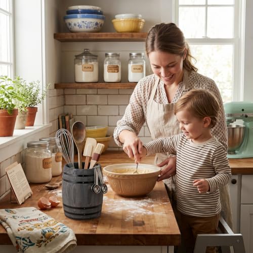 MyGift Wine Barrel Design Kitchen Utensil Crock, Vintage Gray Solid Wood Cooking Tool Holder