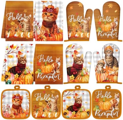 Silifine 12 Pcs Fall Pumpkin Cat Pot Holders Oven Mitts Kitchen Towels Set