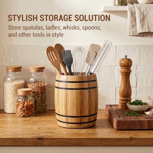 MyGift Wine Barrel Design Kitchen Utensil Crock, Light Brown Solid Bamboo Wood Cooking Tool Holder