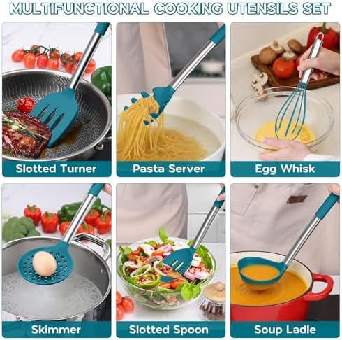 Onader 15pcs Kitchen Cooking Utensils Set with Holder, Onader Heat Resistant Silicone Kitchen Utensils Spatula Set with Stainless Steel Handle - Blue